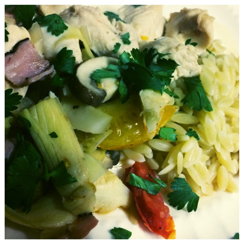 Balsamic Chicken with Artichokes and Orzo