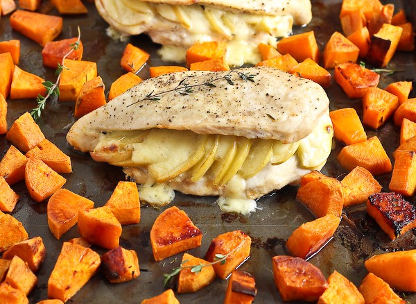 Apple Gouda Stuffed Chicken Breasts with Smoky Roasted Sweet Potatoes